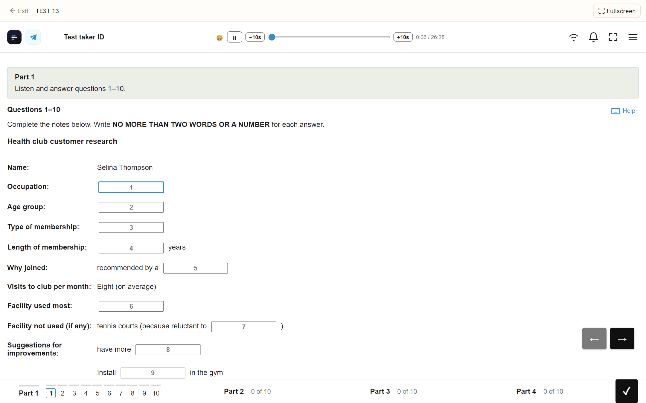 The listening player: audio transport across the top, note-completion questions below.