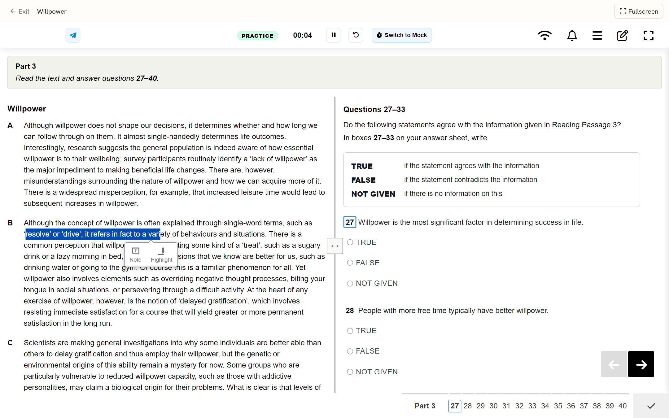 The exam player: passage on the left, questions on the right, timer running.